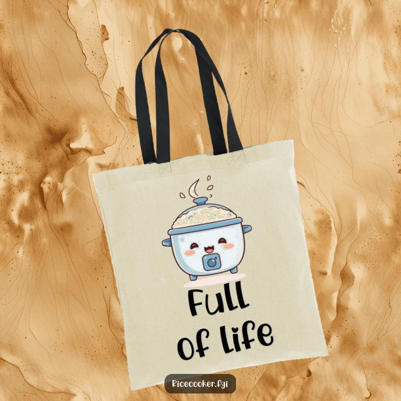 Funny rice cooker tote bag, happy appliance character bouncing with steam, energetic kitchen accessory.