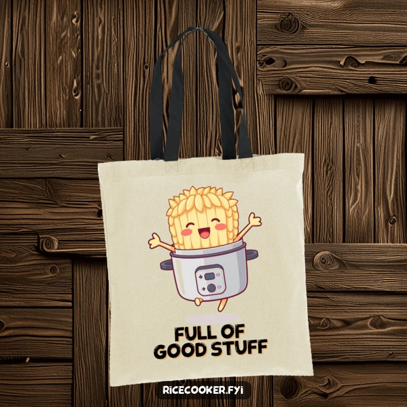 Funny tote bag with a delighted rice grain character joyfully jumping out of a rice cooker, perfect for daily errands.