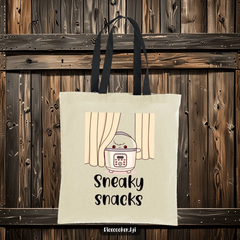 Funny rice cooker tote bag, appliance peeking mischievously from behind a curtain, quirky accessory.