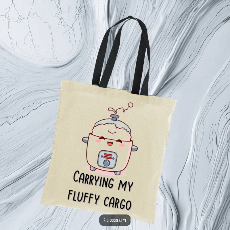 Funny tote bag featuring a mischievous rice cooker with a contented steam puff, a humorous and practical kitchen accessory.