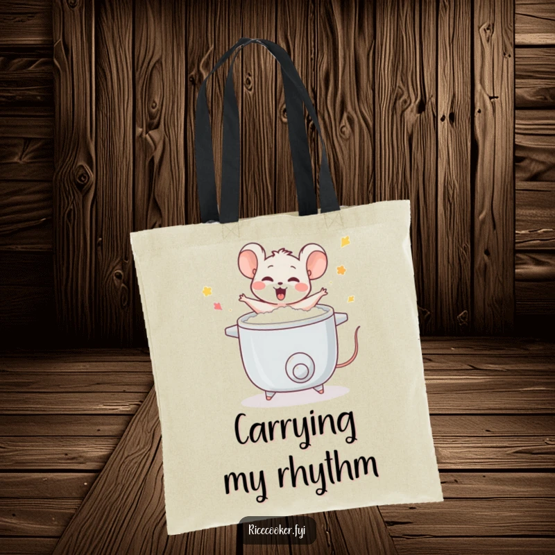 Funny mouse tote bag, dancing around a bubbling rice cooker, functional and cute, perfect for carrying groceries and kitchen gadgets.