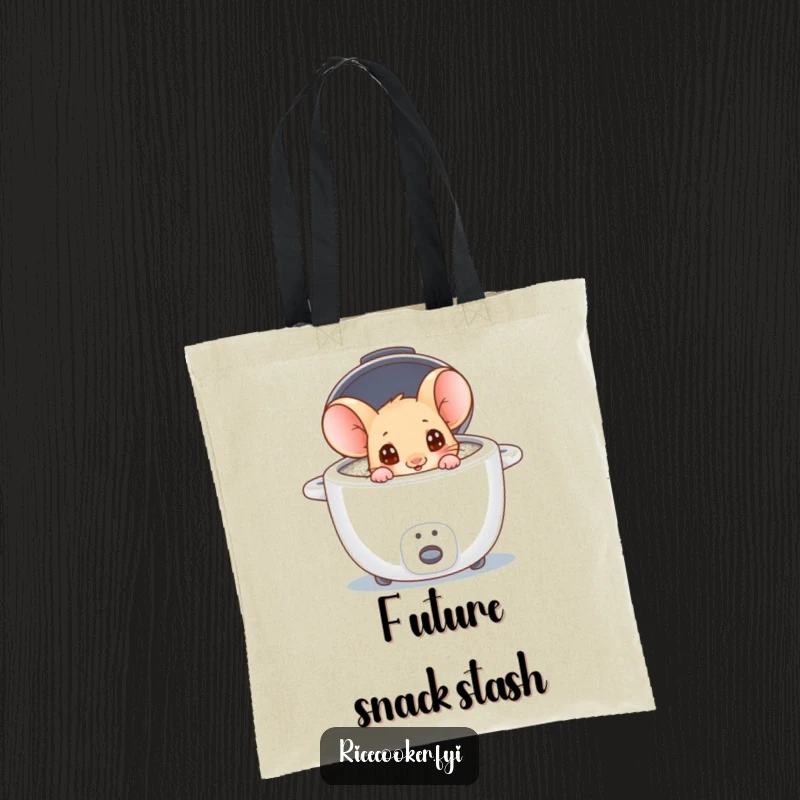 Funny mouse with wide, curious eyes peeking into a rice cooker, printed on a durable tote bag, charming design.