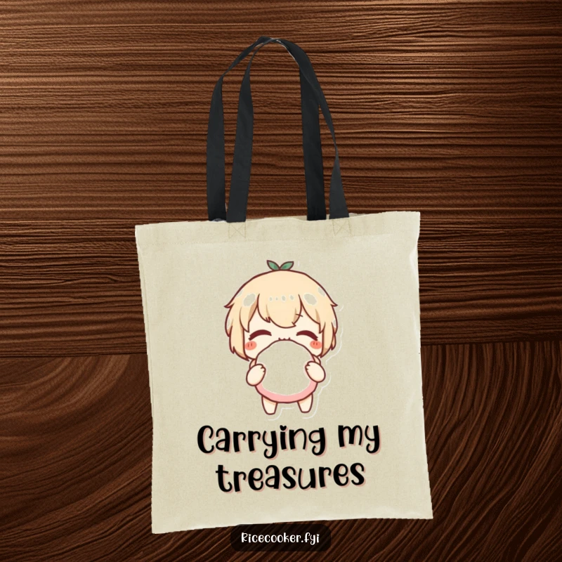 Funny tote bag with a character giving a playful wink while holding a perfectly formed rice ball, ideal for snack lovers.