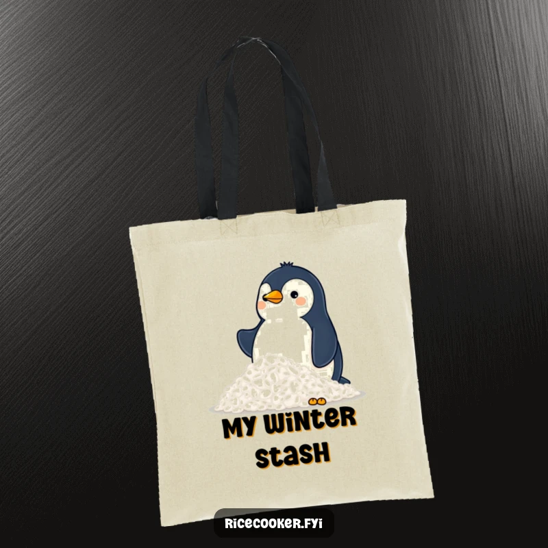 Funny tote bag featuring a proud penguin surveying a mountain of rice, great for shopping and showcasing a love for food.