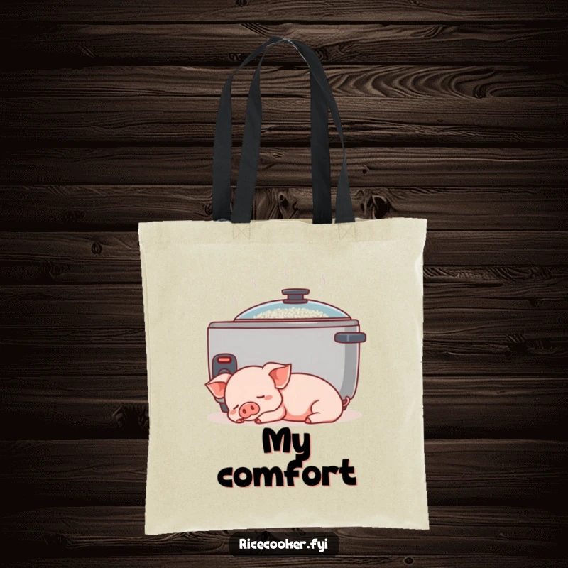 Funny piglet tote bag. A content piglet naps peacefully next to a gently humming rice cooker, perfect for errands.