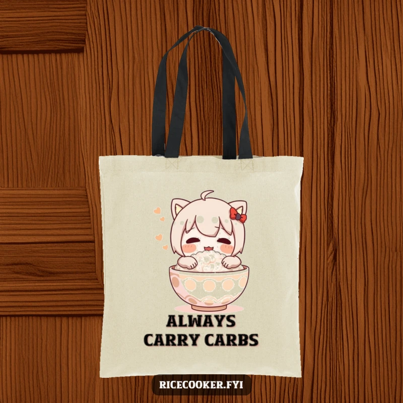 Funny tote bag with a character embracing a steaming rice bowl, perfect for grocery runs or carrying daily essentials with personality.