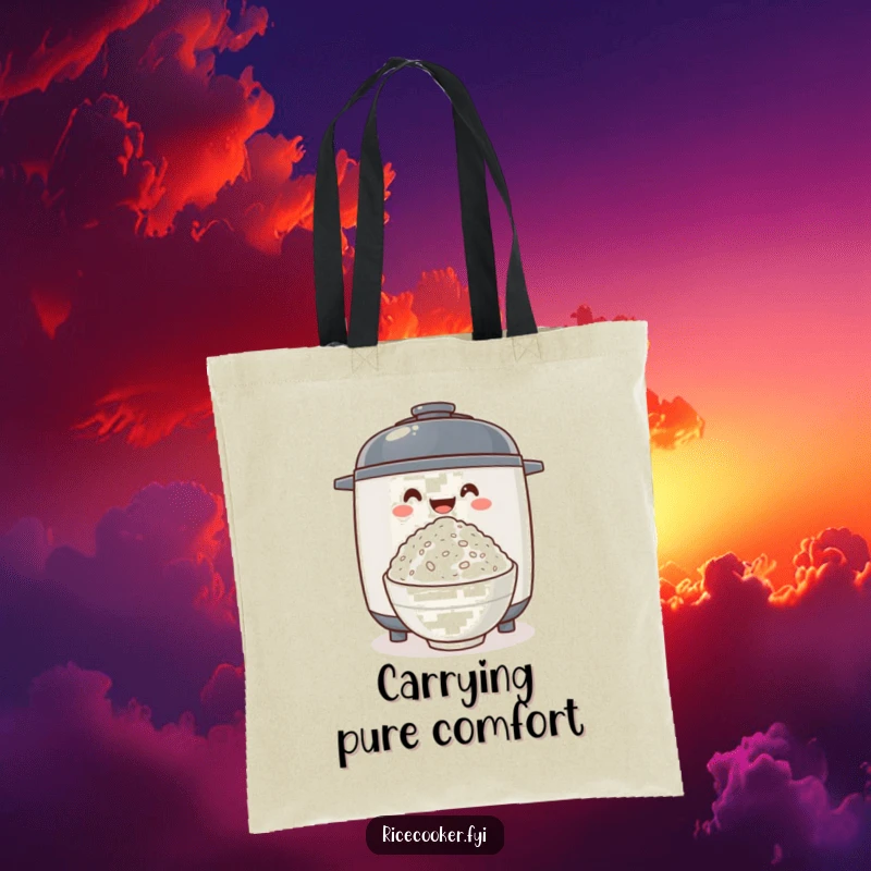 Funny rice cooker excitedly offering fluffy rice, a charming tote bag for carrying essentials with a touch of culinary joy.