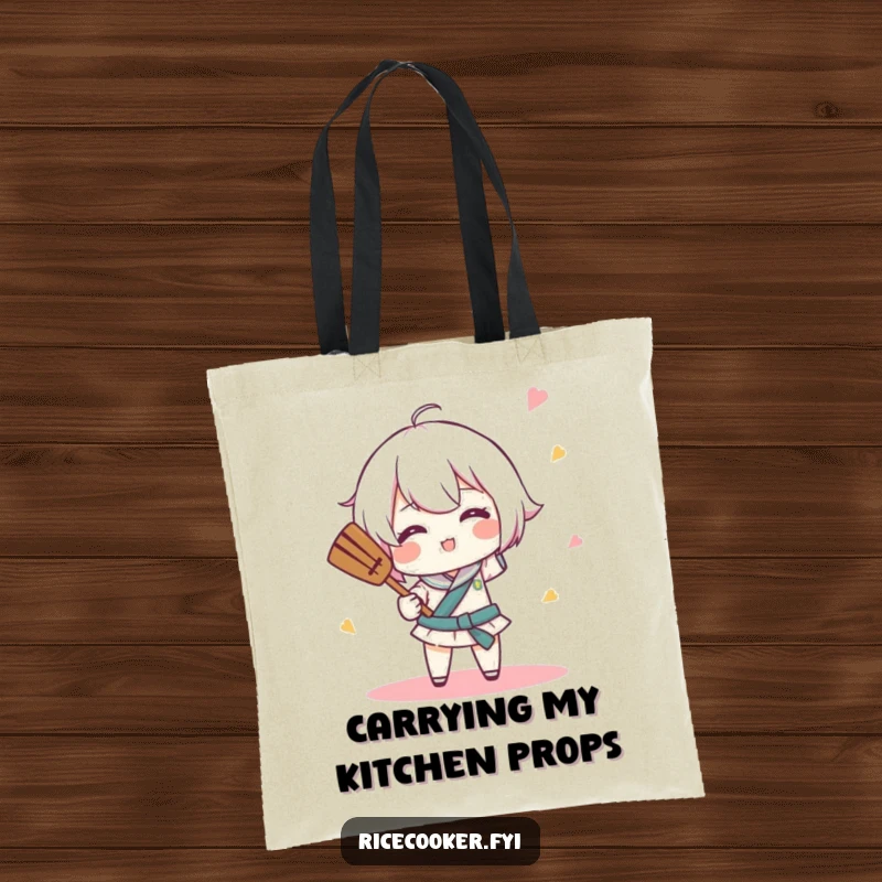 Funny tote bag with a character comically spinning a rice paddle like a tiny baton, ideal for carrying kitchen essentials with flair.