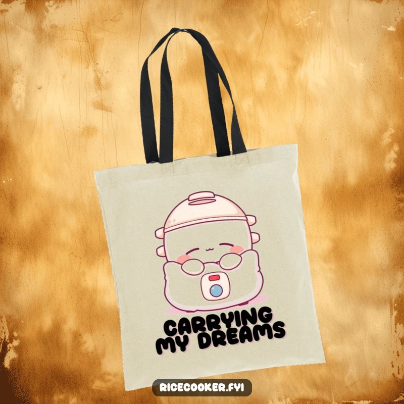 Funny rice cooker tote bag featuring a sleepy appliance snuggled in a pillow, perfect for cozy carrying.
