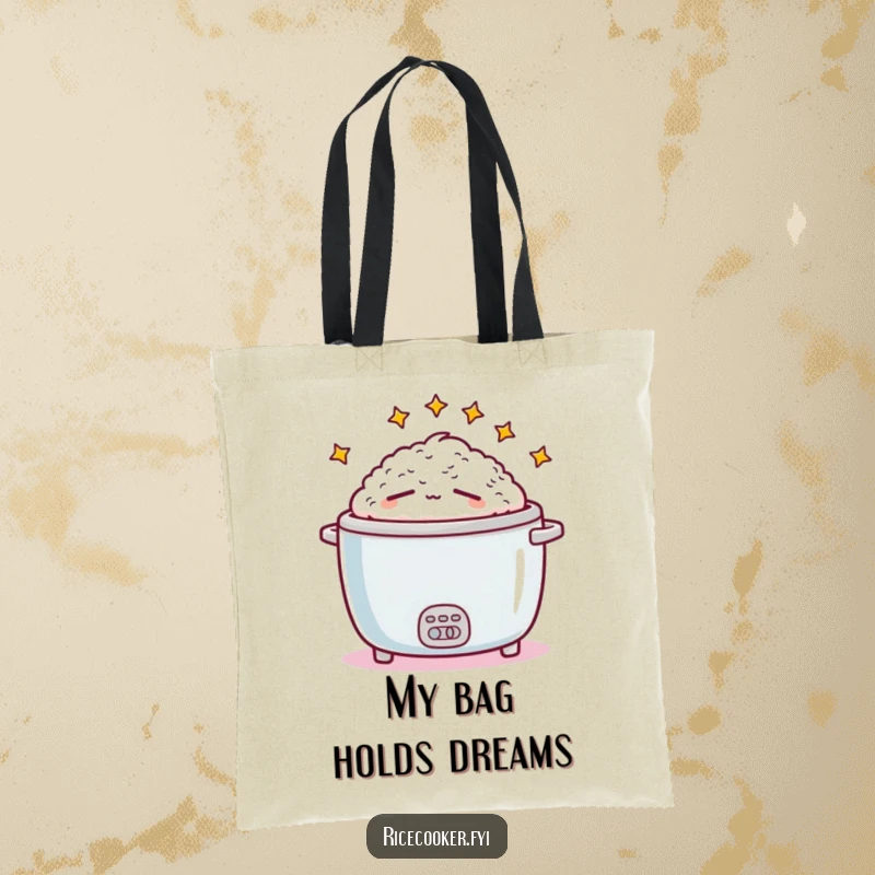 Funny sleepy rice cooker illustration on a sturdy tote bag, perfect for carrying daily essentials with a touch of humor.