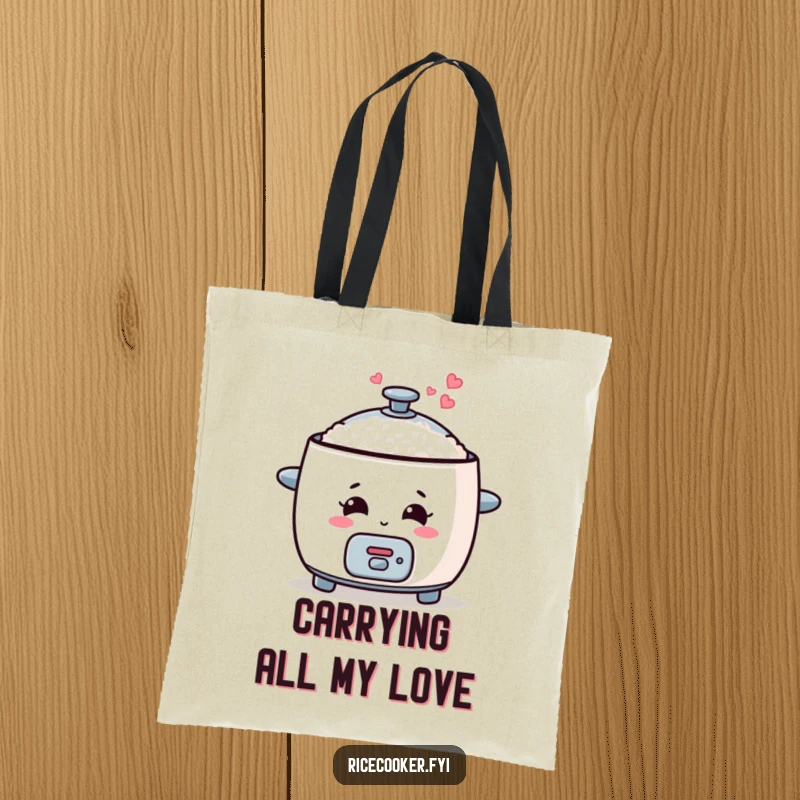 Funny rice cooker tote bag, smiling with steam shaped like hearts, a cute and functional accessory.