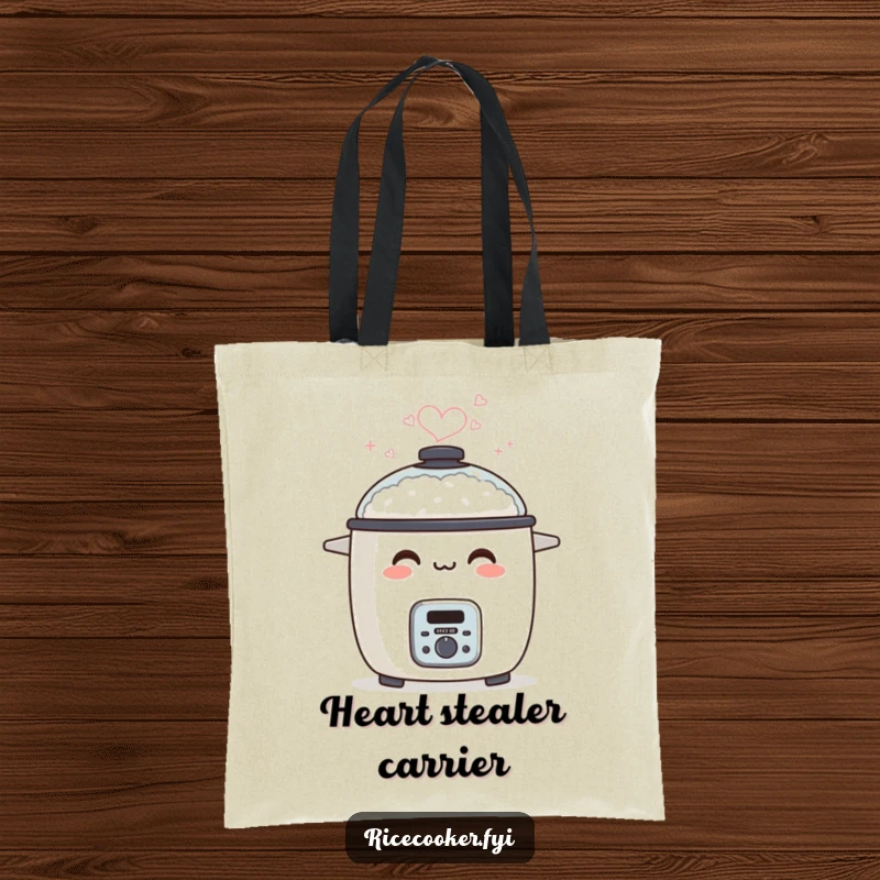Funny tote bag with a smiling rice cooker, steam rising to form a lovely heart shape.