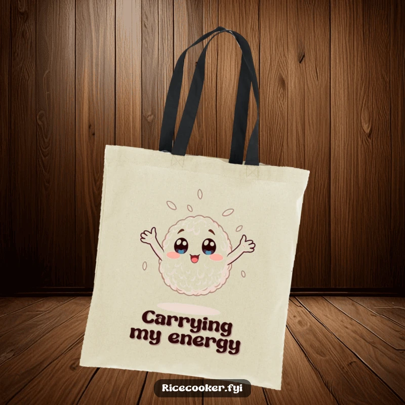Funny tote bag with a wide-eyed rice grain spinning uncontrollably, arms up, a picture of pure, uninhibited, anime-fueled merriment.