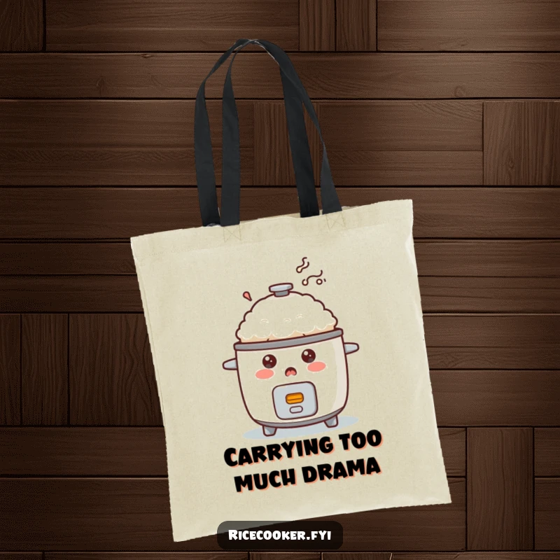 Funny surprised rice cooker tote bag with a smoky emission, representing a comical kitchen situation.