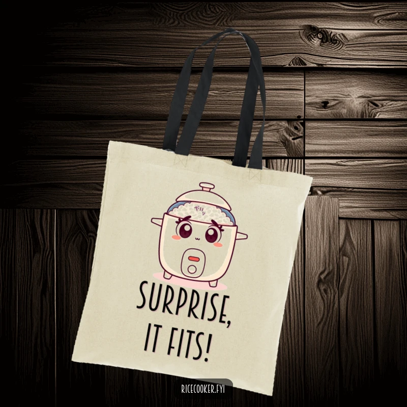 Funny rice cooker tote bag with cartoon eyes wide in surprise and a lid popping open, a comical accessory.