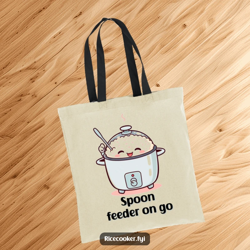 Funny tote bag showing a rice cooker enthusiastically waving a small spoon.