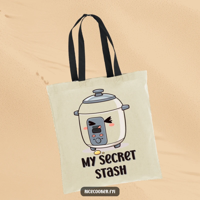 Funny tote bag showcasing a mischievous rice cooker with a sly wink and a stray grain. A practical and humorous funny gift.