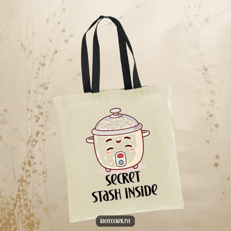 Funny rice cooker tote bag with a mischievous wink and a slightly open lid, perfect for carrying secrets.
