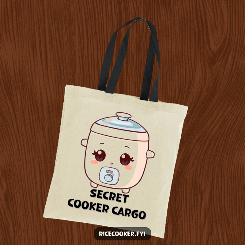 Funny tote bag showcasing a small rice cooker with wide, expressive eyes, giving a knowing wink.