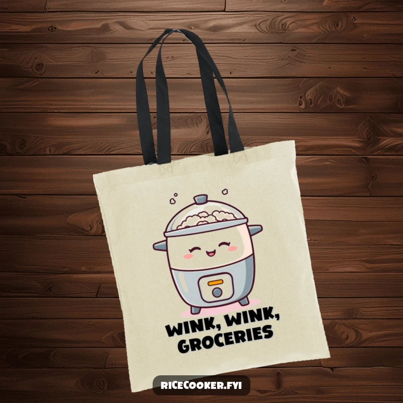 Funny tote bag with a rice cooker playfully winking and puffing steam, a humorous and practical accessory for cheeky shoppers.