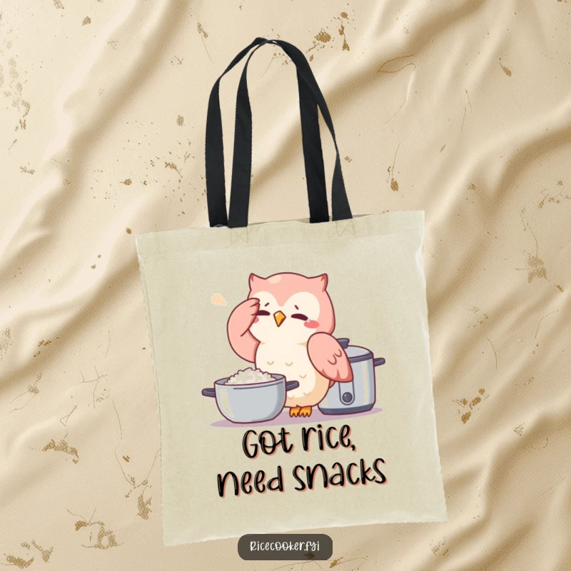 Funny owl tote bag featuring a stressed owl next to a rice cooker, perfect for carrying groceries with a humorous touch.