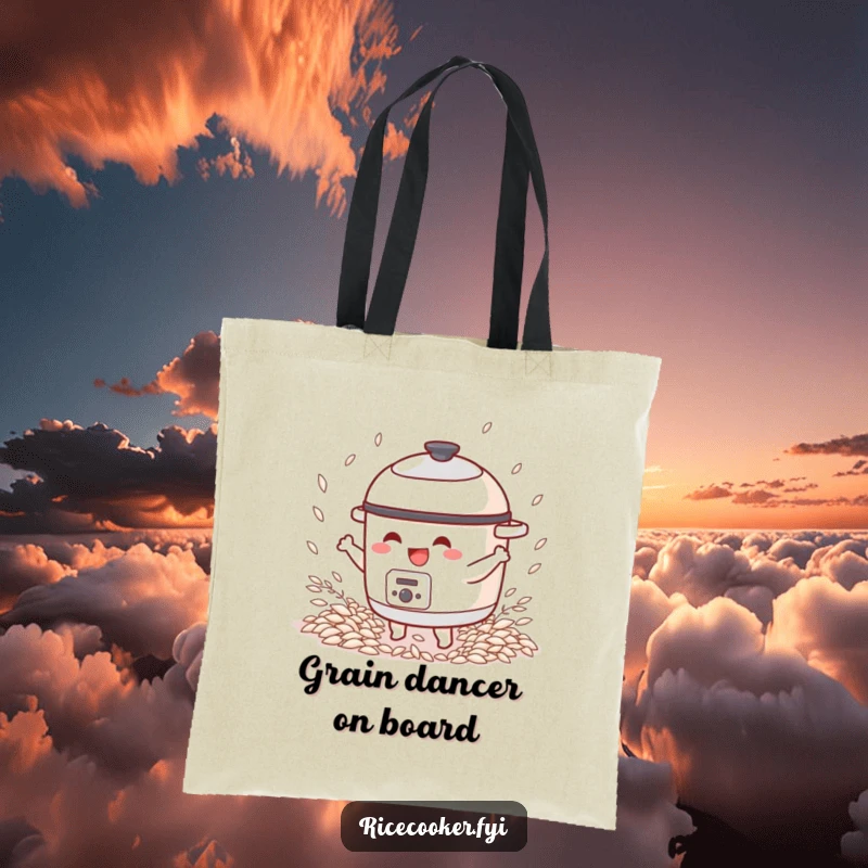 Funny tote bag showcasing a cheerful rice cooker character performing a happy dance among rice grains.
