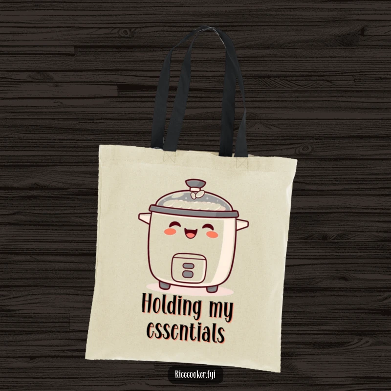 Funny tote bag featuring a laughing rice cooker with a tiny grain of rice balanced on its spout, humorous carry-all.