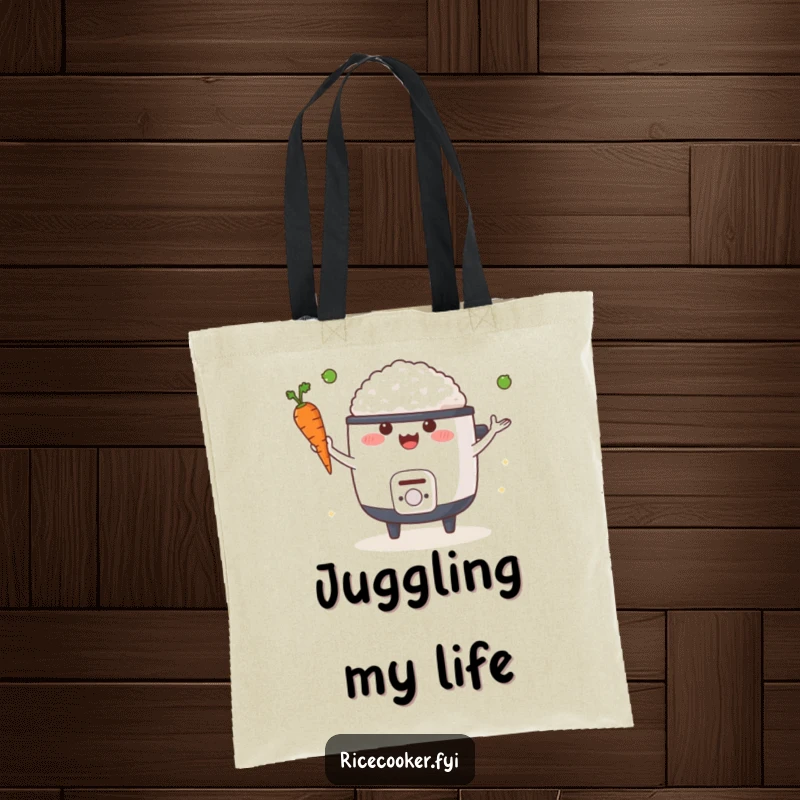 Funny tote bag with a happy rice cooker juggling a carrot and a pea, ideal for carrying items with culinary flair.