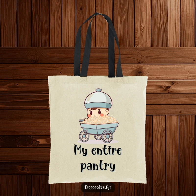 Funny tote bag displaying a determined rice cooker pushing a cart overloaded with rice, a whimsical carry-all for achievers.