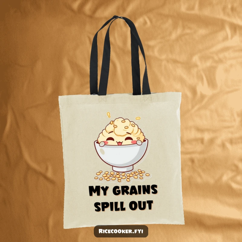 Funny tote bag showcasing a mischievous bowl character playfully spilling uncooked grains, great for market trips and more.