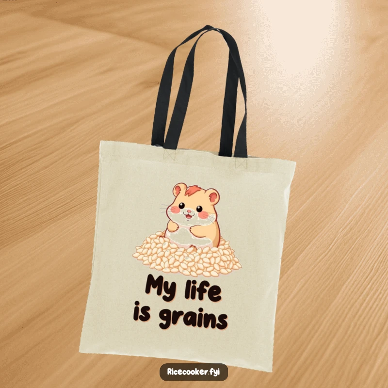 Funny tote bag featuring a cheerful hamster having a blast rolling in a big pile of fluffy rice grains, a comical sight.