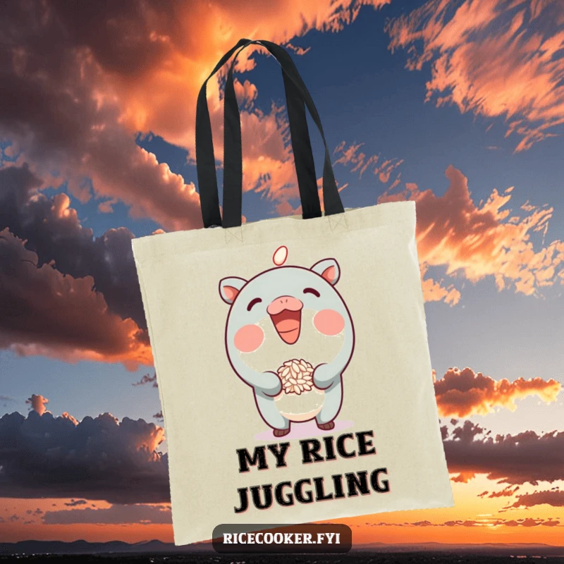 Funny Tote Bag showcasing a grinning character playfully balancing a grain of rice on its spout, a humorous and stylish accessory.