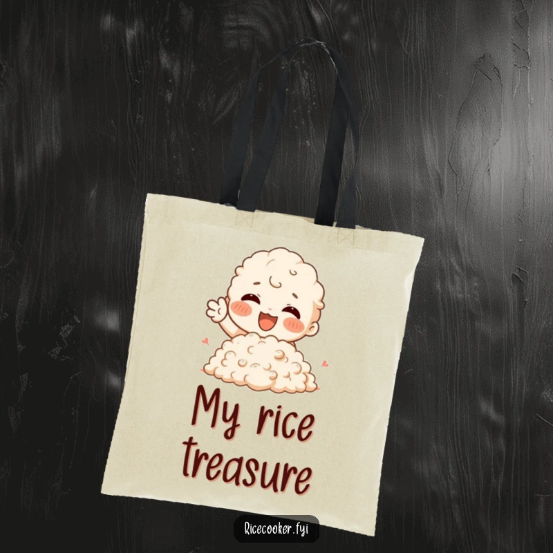Funny Tote Bag showing a character enthusiastically gesturing with joy towards a large mound of fluffy rice, a foodie's delight.