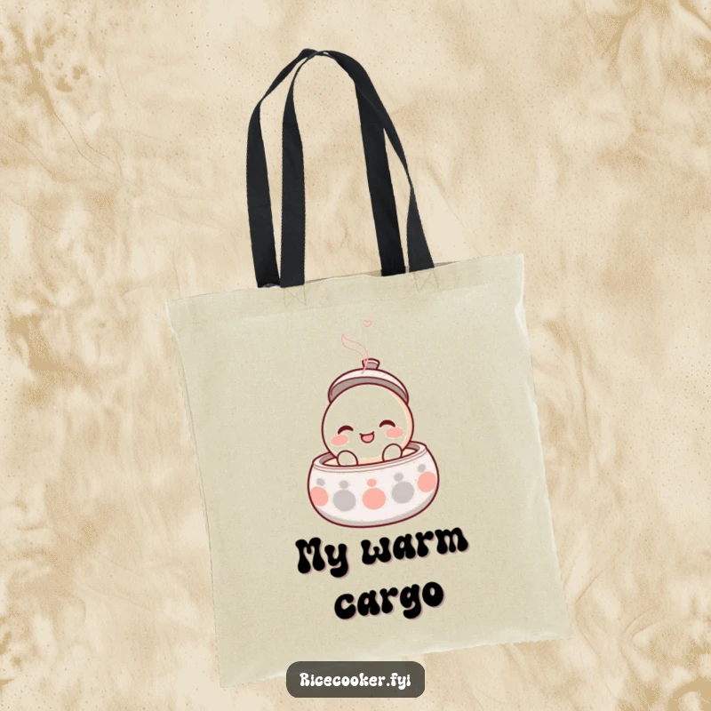 Funny tote bag showcasing a round, smiling character popping its lid open with gentle steam, symbolizing happiness.