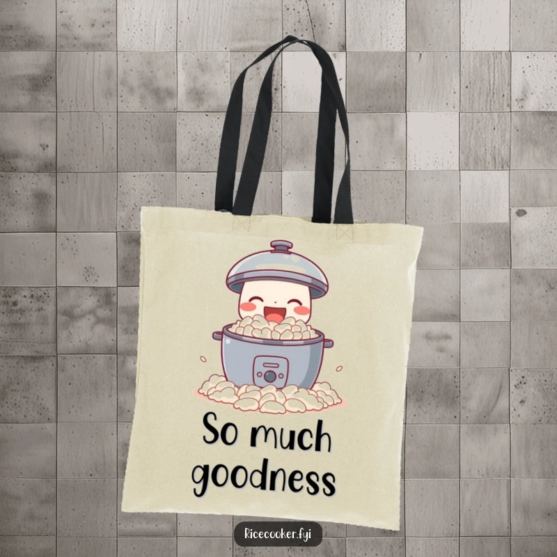 Funny tote bag with a delighted rice cooker joyfully spilling perfect fluffy rice, a humorous and practical accessory for happy shoppers.